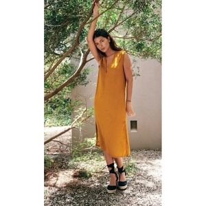 Zara Tunic Dress 100% Linen Midi Sleeveless V Neck Mustard Rust Womens Size XS